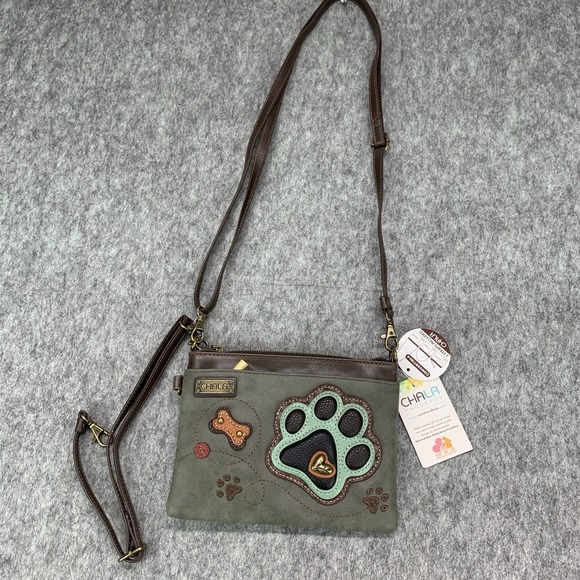 NEW CHALA Stone Gray Paw Print Small Crossbody/Purse VEGAN Convertible Strap - Picture 2 of 6